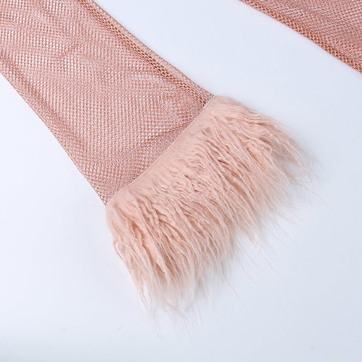 Women's Mini Dress - Sheer Mesh Embellished - Feather Cuff & Hem - Fitted Partywear