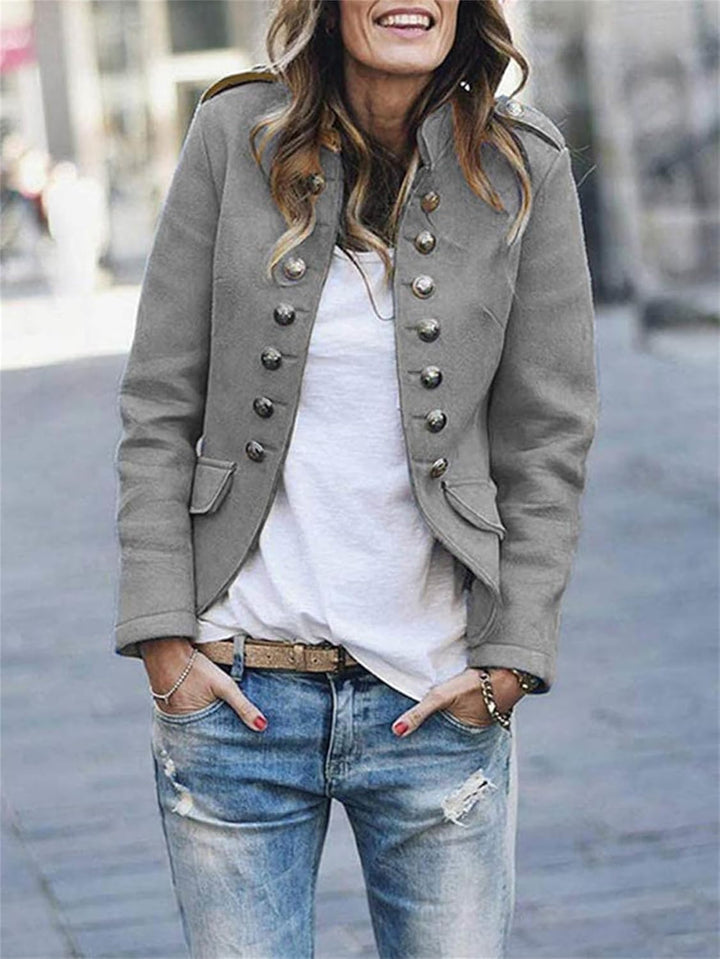Women’s Military Jacket – Structured Fit – Button Front – Hip Length – Tailored Silhouette