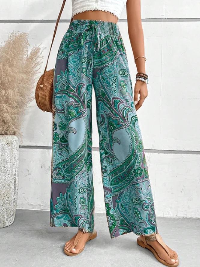 Women’s Wide-Leg Pants – Bohemian Print – High Waist – Tie Belt – Lightweight Fit