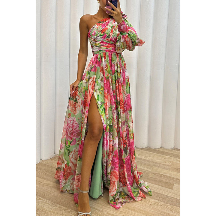 Women's One-Shoulder Gown - Floral Print - Ruffled Sleeve - Thigh-High Slit - Elegant Fit