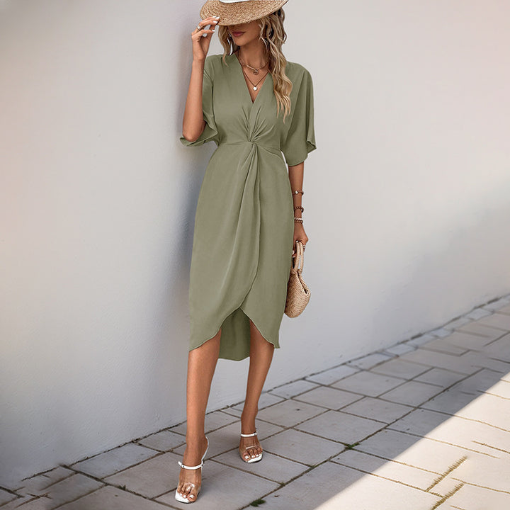 Women's Wrap Dress - Elegant V-Neck - Short Puffed Sleeves - Flattering Tulip Hem