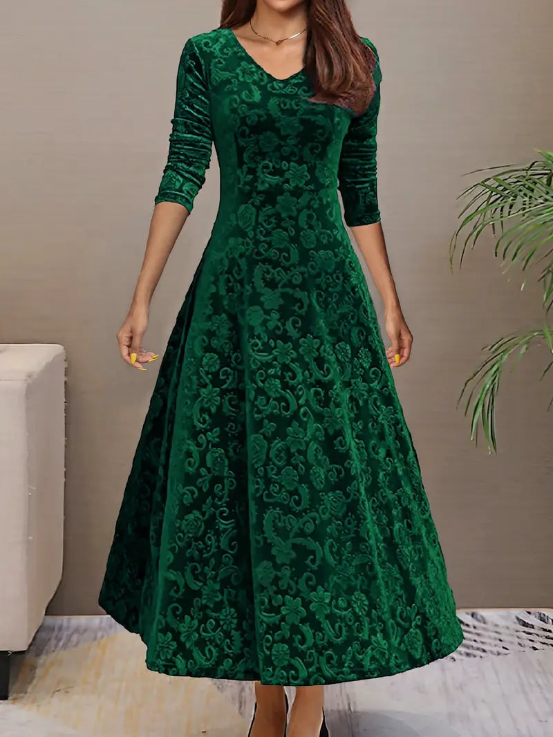 Women’s A-Line Dress – Velvet – Floral Texture – Long Sleeve – Floor Length Fit