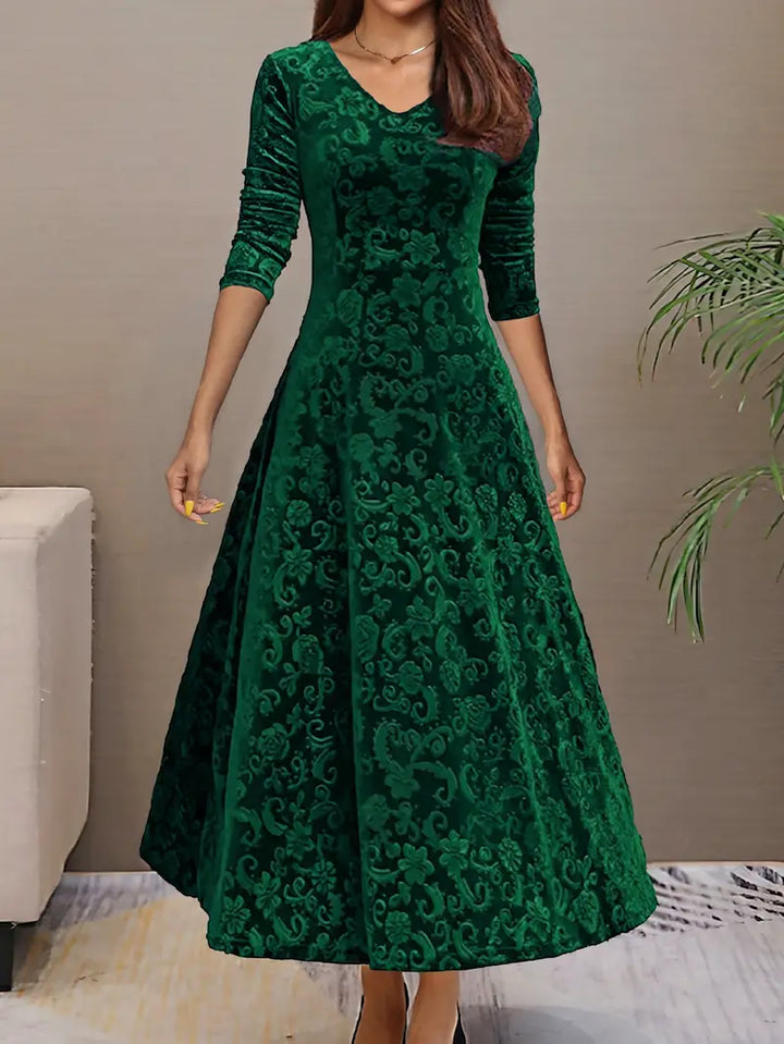 Women’s A-Line Dress – Velvet – Floral Texture – Long Sleeve – Floor Length Fit