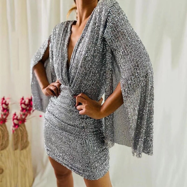 Women's Shimmer Mini Dress - Deep V-Neck - Cape Sleeve Party Wear