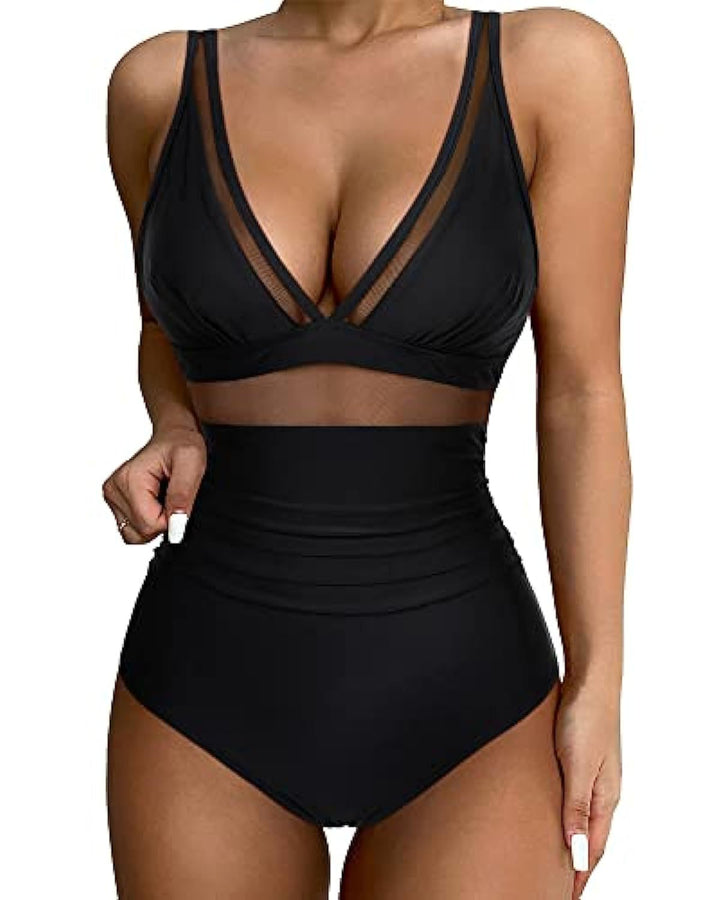 Women’s Swimsuit – Plunging Neckline – Mesh Detail – High-Cut Leg – Breathable Blend