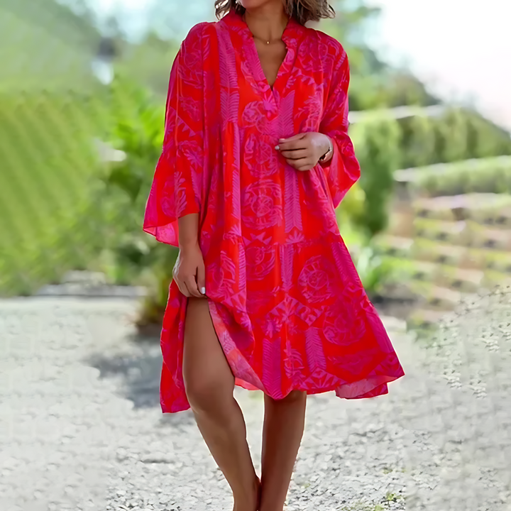 Women’s Midi Dress – V-Neck – Relaxed Fit – Three-Quarter Sleeve – Breathable Blend