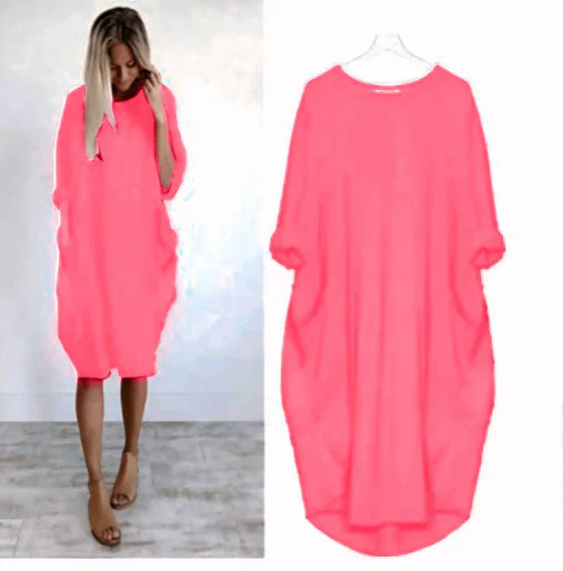 Women’s Midi Dress – Relaxed Fit – Round Neck – Breathable Blend – Side Pockets