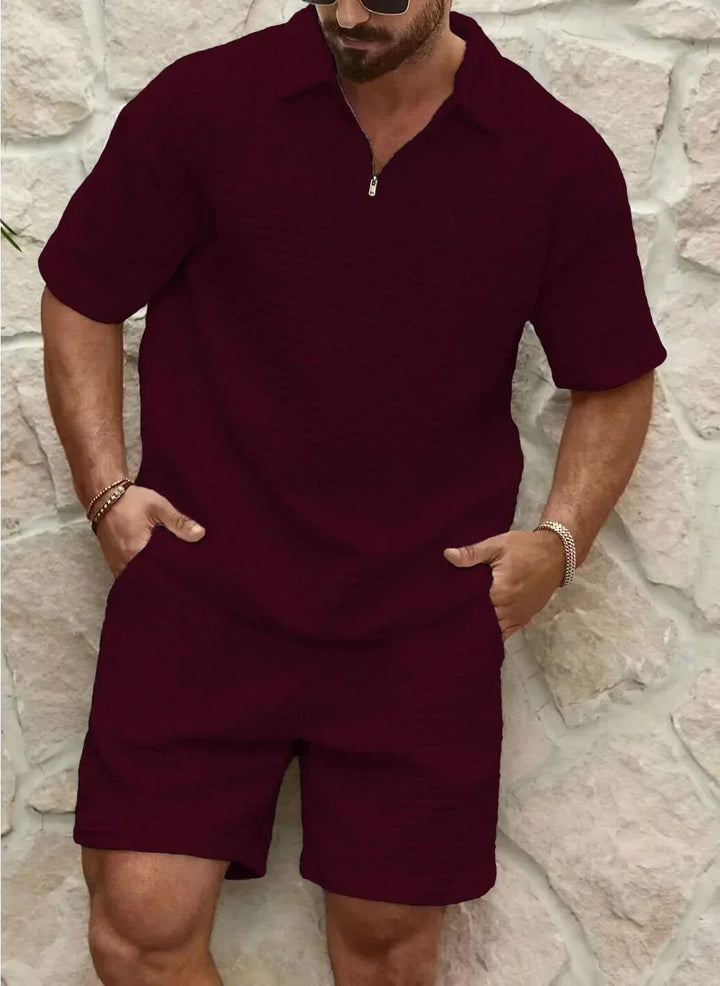 Men’s Short Set – Relaxed Fit – Textured Fabric – Half Zip Top – Elastic Waist Shorts
