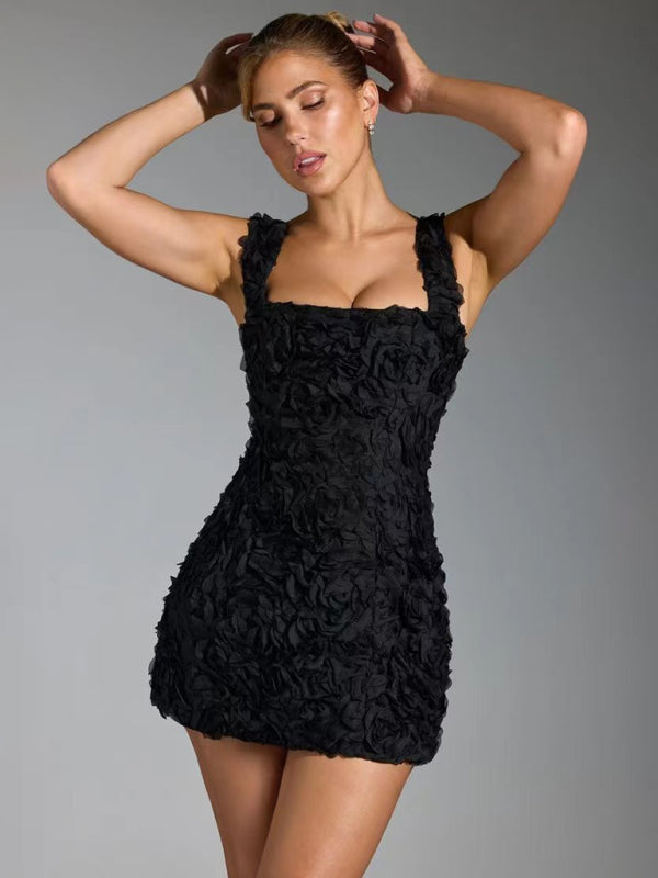 Women’s Mini Dress – Fitted Silhouette – 3D Floral Appliqué – Square Neckline
