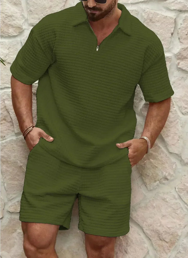 Men’s Short Set – Relaxed Fit – Textured Fabric – Half Zip Top – Elastic Waist Shorts