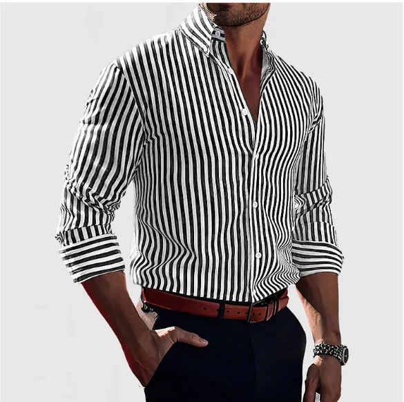 Men’s Button-Down Shirt – Slim Fit – Breathable Blend – Striped Pattern – Long Sleeve