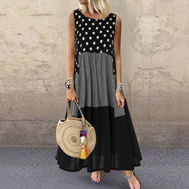 Women’s Sleeveless Dress – A-Line Fit – Cotton – Mixed Pattern – Full Length