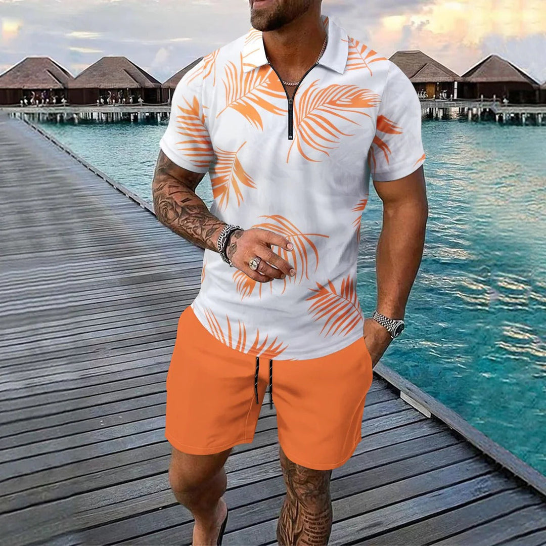 Men’s Polo Shirt and Short Set – Slim Fit – Zip Neck – Short Sleeve – Tropical Print