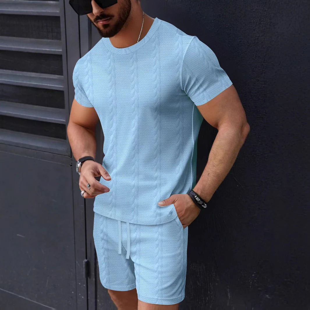 Men’s T-Shirt and Shorts Set – Textured Knit – Regular Fit – Crew Neck – Drawstring Waist