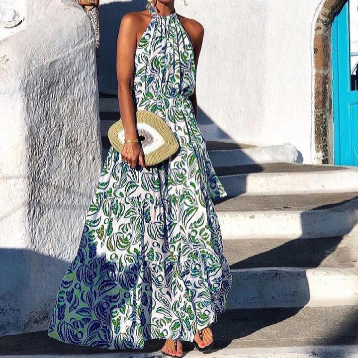 Women’s Maxi Dress – Flowy Fit – Halter Neck – Tiered Skirt – Floral Print