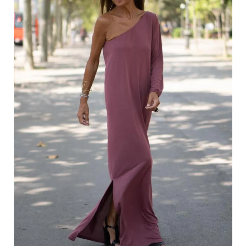Women’s One-Shoulder Dress – Slim Fit – Lightweight Draped – Full Length Elegant Wear
