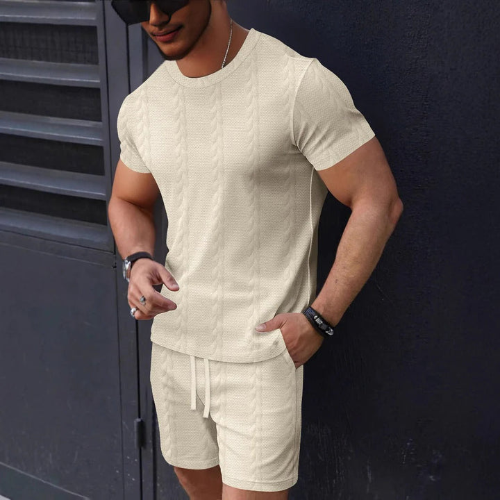 Men’s T-Shirt and Shorts Set – Textured Knit – Regular Fit – Crew Neck – Drawstring Waist