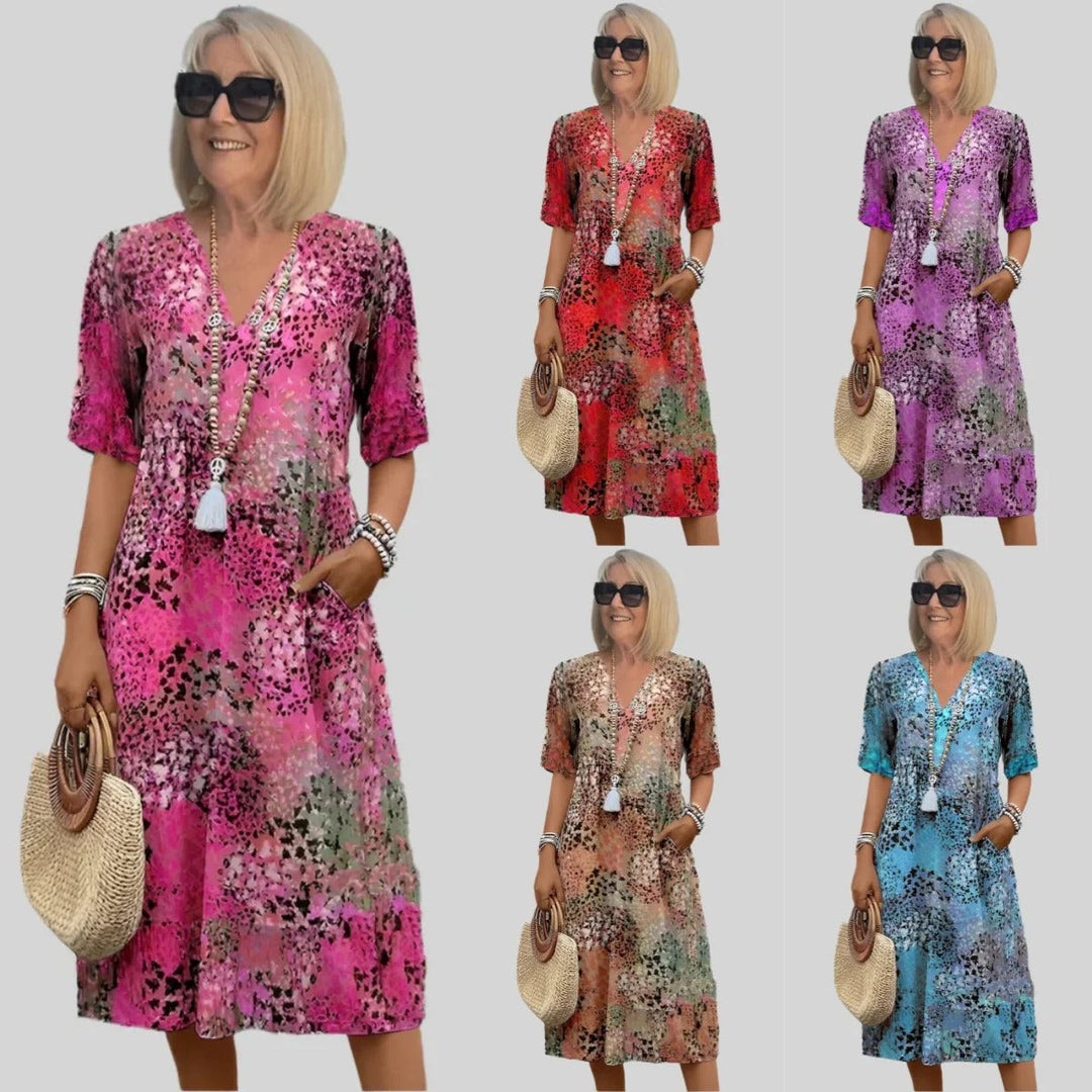 Women’s Midi Dress – Relaxed Fit – V-Neck – Short Sleeve – with Pockets