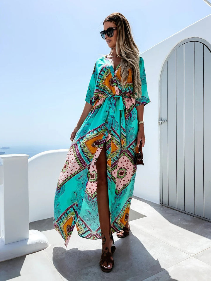 Women’s Maxi Dress – Ethno Pattern – Relaxed Fit – V-Neck – Tie Waist – Mid Sleeve