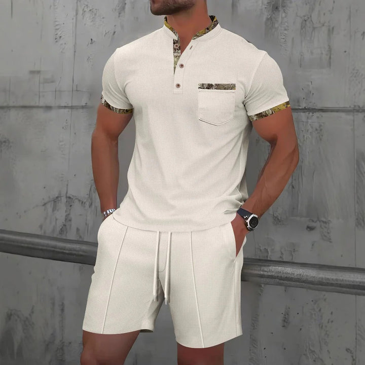 Men’s Casual Set – Slim Fit – Cotton – Short Sleeve – Chest Pocket – Drawstring Shorts