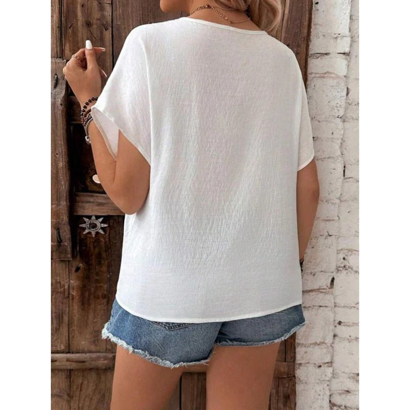 Women’s V-Neck Shirt – Relaxed Fit – Lace Trim – Front Tie Hem – Soft Fabric Blend