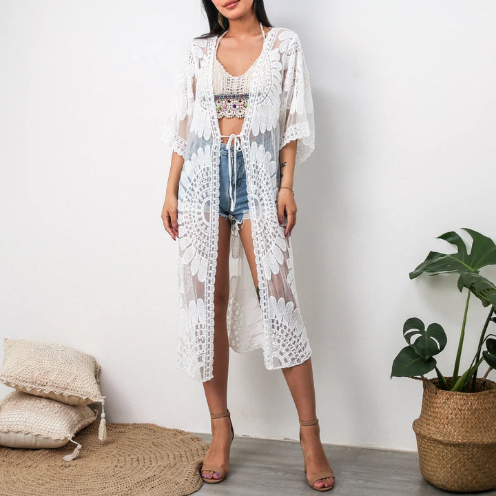 Women’s Kimono Cover-Up – Sheer Mesh – Lace Trim – Relaxed Fit – Midi Length – Front Tie