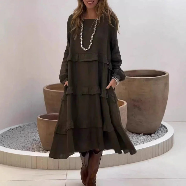 Women’s Maxi Dress – Linen – A-Line Relaxed Fit – Ruffled Long Sleeve Modest Style