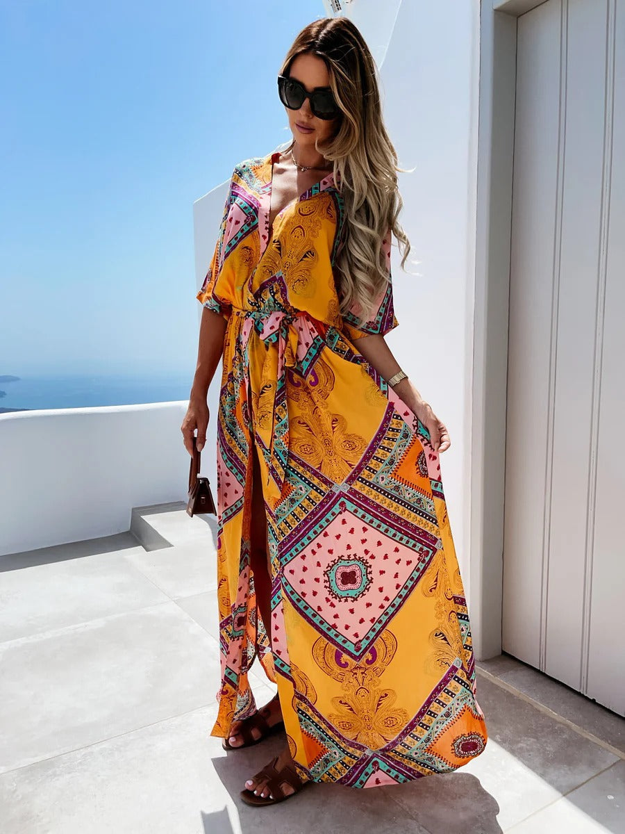 Women’s Maxi Dress – Ethno Pattern – Relaxed Fit – V-Neck – Tie Waist – Mid Sleeve
