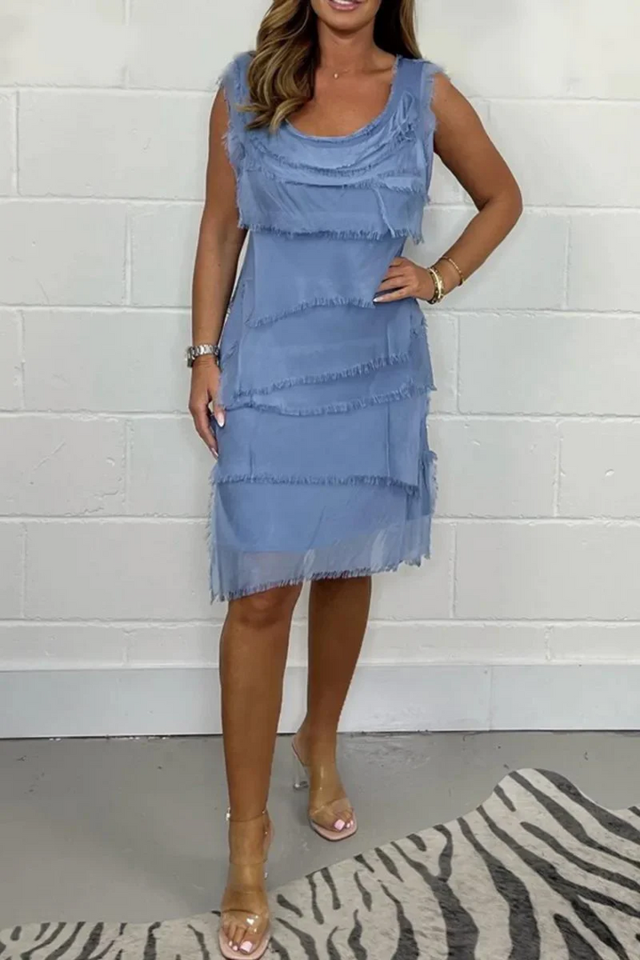 Women’s Sleeveless Dress – Relaxed Fit – Chiffon – Tiered Fringe – Knee Length