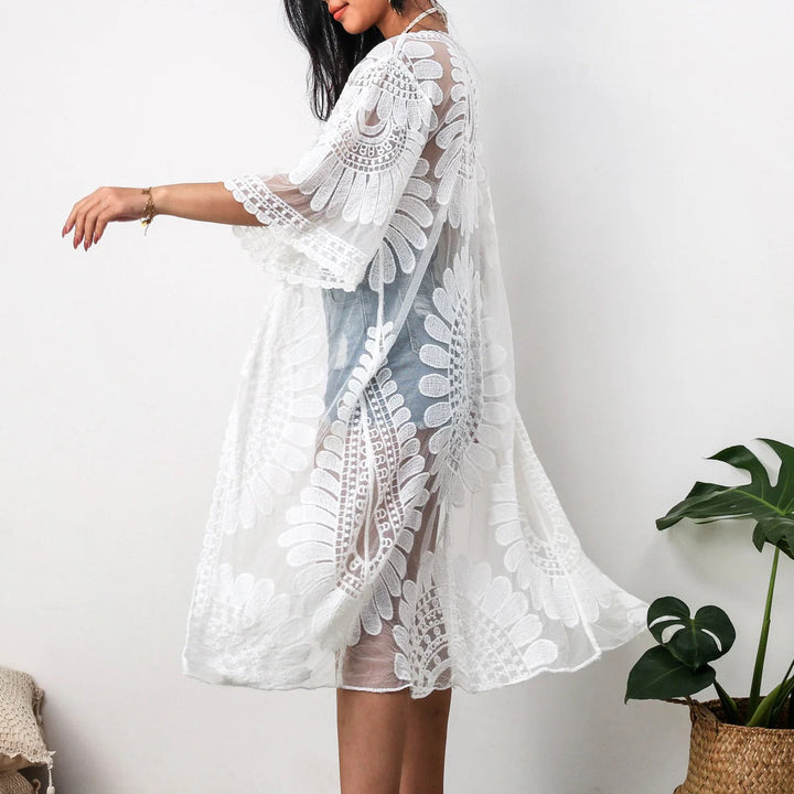 Women’s Kimono Cover-Up – Sheer Mesh – Lace Trim – Relaxed Fit – Midi Length – Front Tie