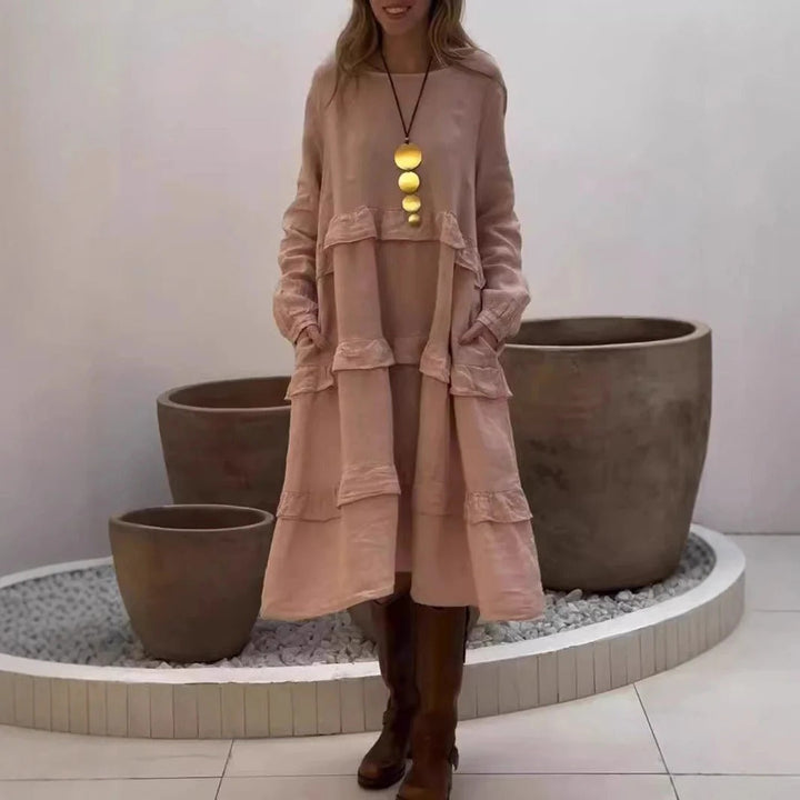 Women’s Maxi Dress – Linen – A-Line Relaxed Fit – Ruffled Long Sleeve Modest Style