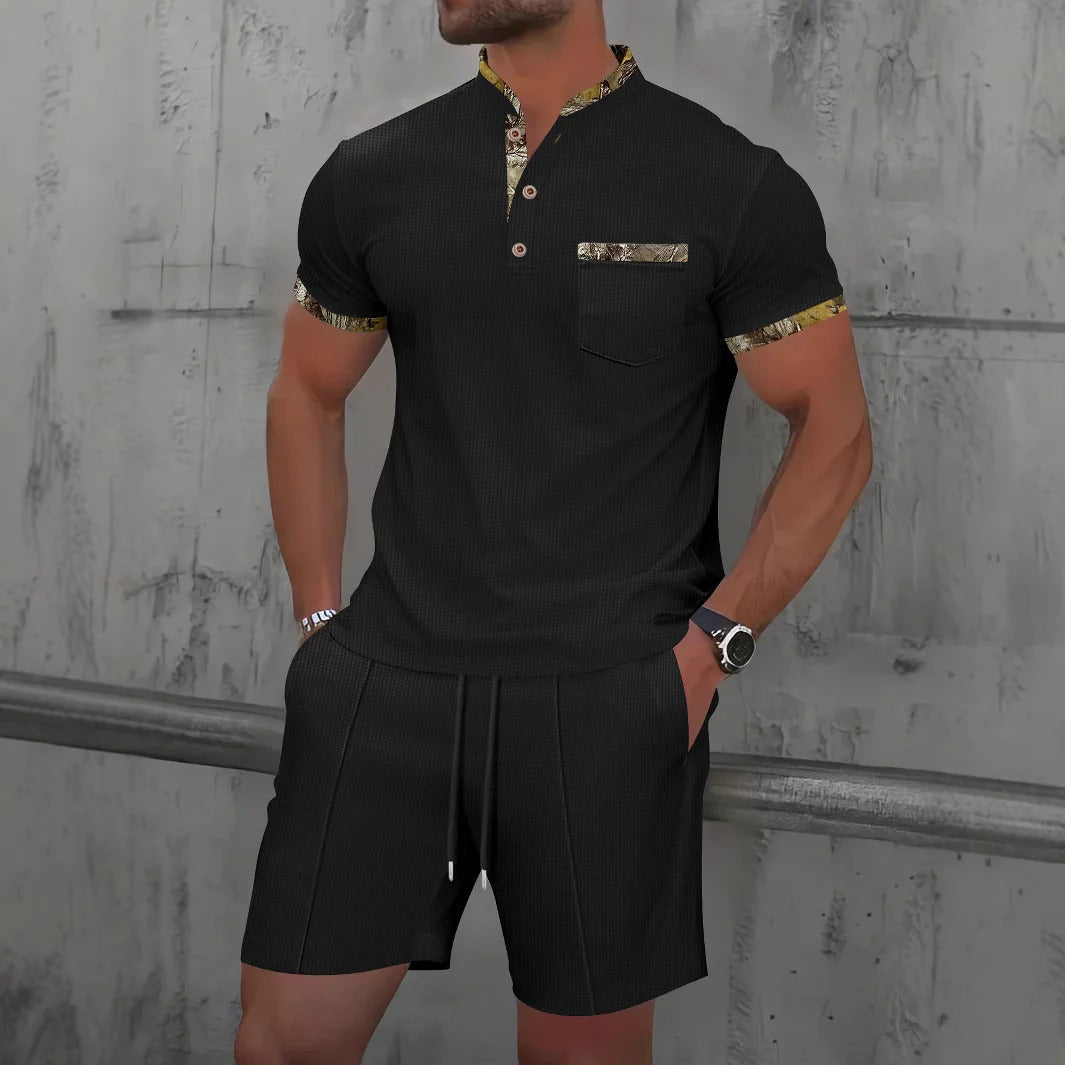 Men’s Casual Set – Slim Fit – Cotton – Short Sleeve – Chest Pocket – Drawstring Shorts