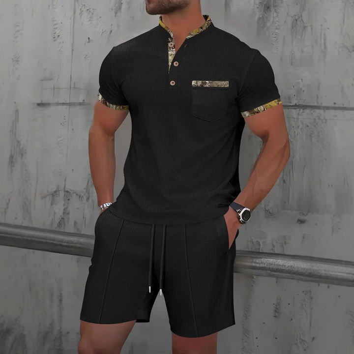 Men’s Casual Set – Slim Fit – Cotton – Short Sleeve – Chest Pocket – Drawstring Shorts