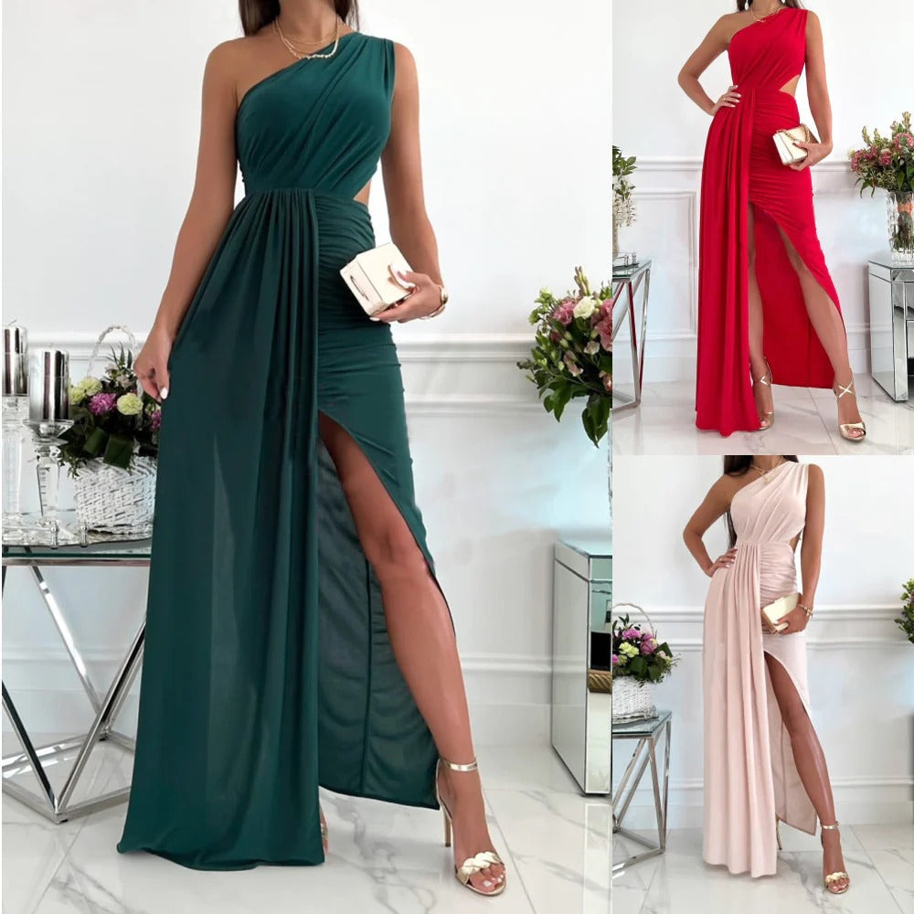 Women’s Maxi Dress – One Shoulder – Draped Bodice – Side Slit – Fitted Cut-Out Design