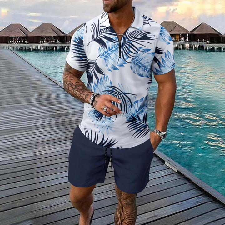 Men’s Polo Shirt and Short Set – Slim Fit – Zip Neck – Short Sleeve – Tropical Print