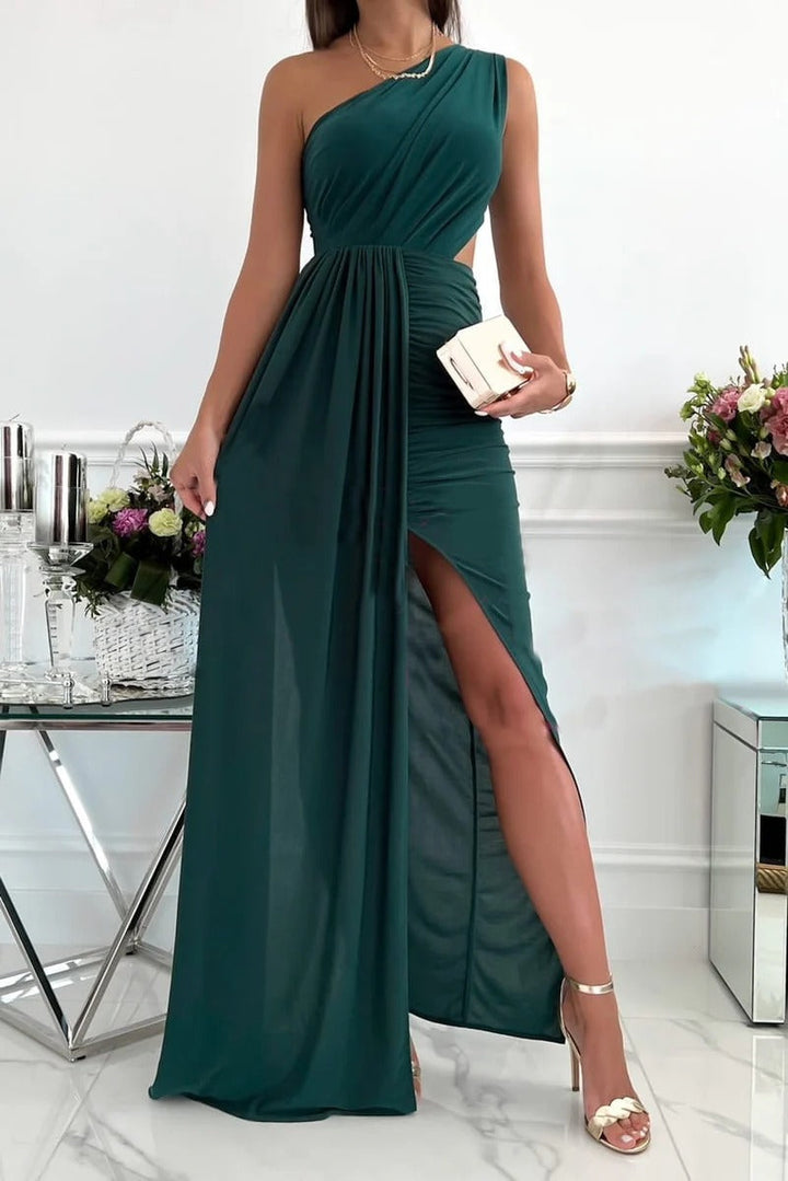 Women’s Maxi Dress – One Shoulder – Draped Bodice – Side Slit – Fitted Cut-Out Design