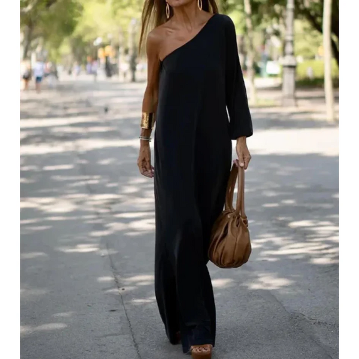 Women’s One-Shoulder Dress – Slim Fit – Lightweight Draped – Full Length Elegant Wear