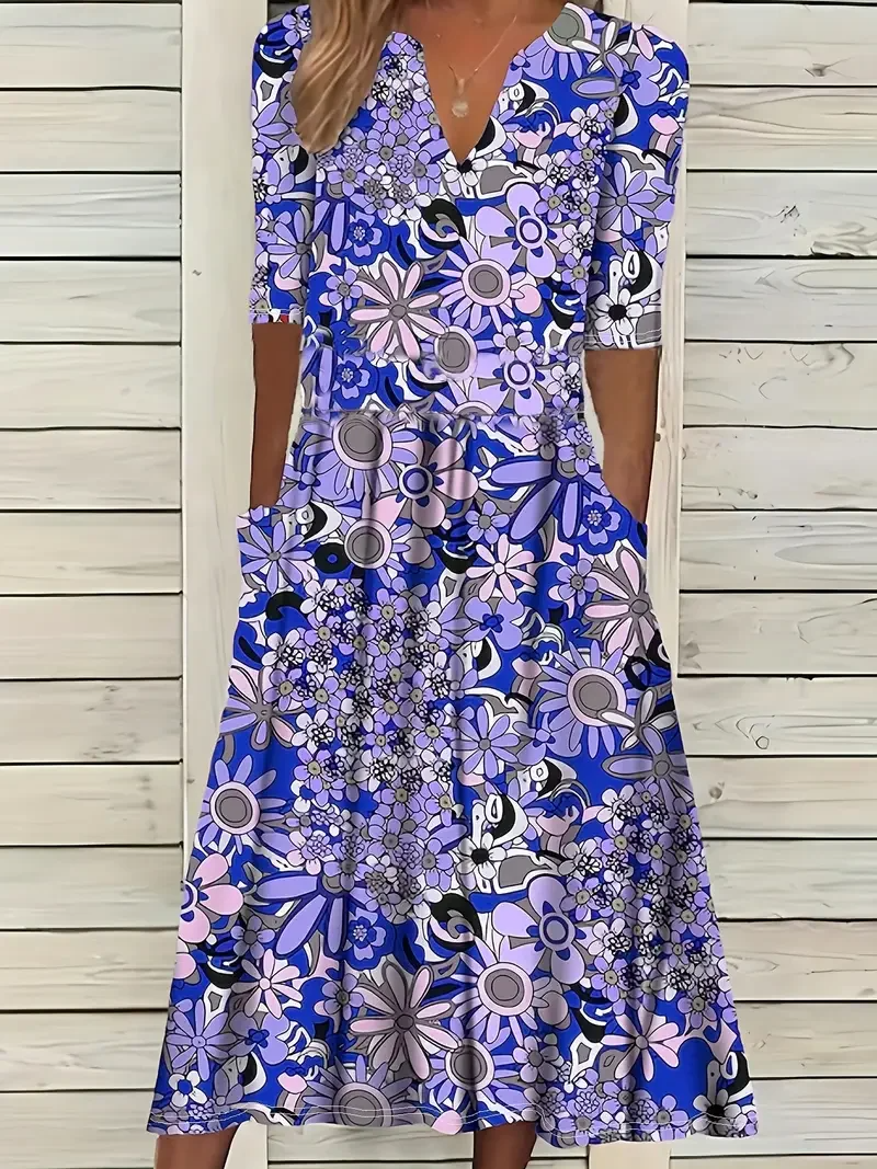Women’s Maxi Dress – Fit and Flare – V-Neck – Short Sleeve – Breathable Blend – Floral Print