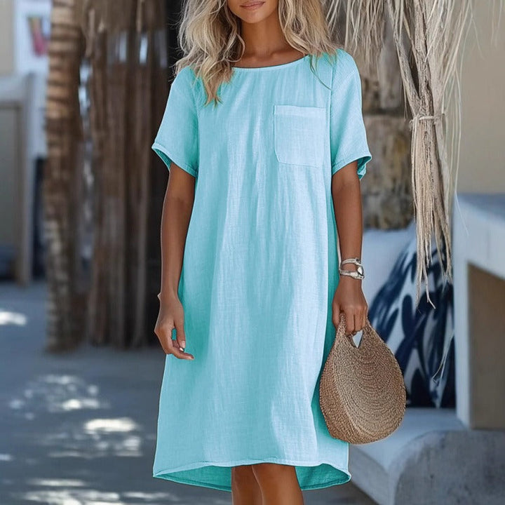 Women’s Midi Dress – Cotton Linen – Relaxed Fit – Round Neck – Short Sleeve – Chest Pocket