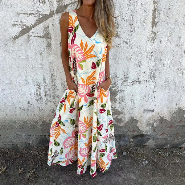 Women’s Sleeveless Dress – Relaxed Fit – V-Neck – Full Length – Cotton – Leaf Pattern