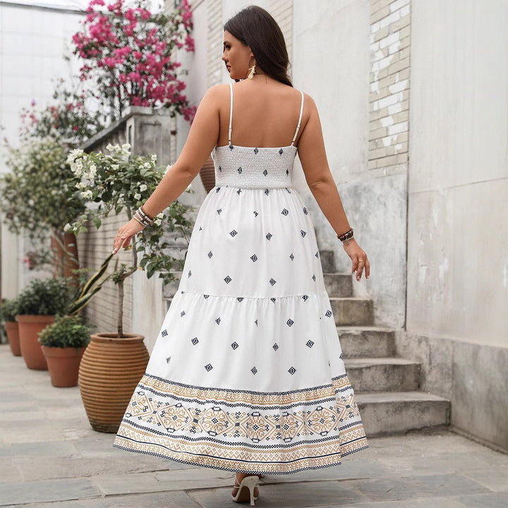 Women’s Maxi Dress – V-Neck Sleeveless – Shirred Waist – Geometric Print