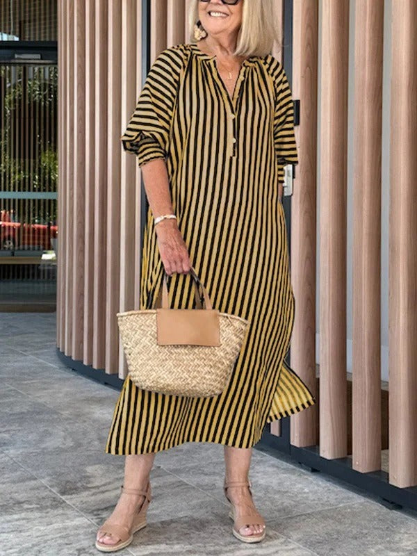 Women’s Midi Dress – V-Neck – Flutter Sleeve – Striped – Relaxed Fit – Cotton Blend