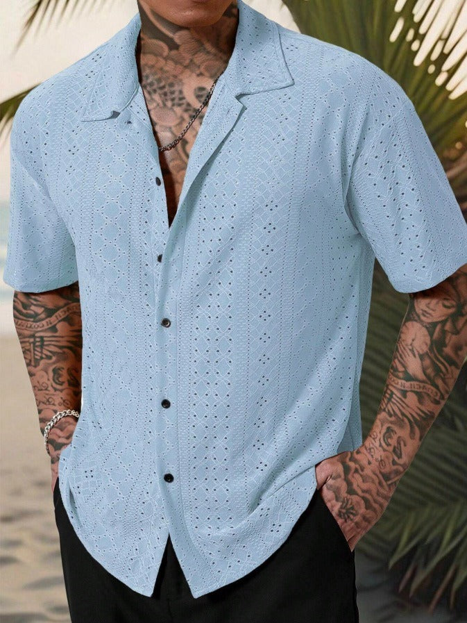 Men’s Casual Shirt - Cotton - Hollow Jacquard Texture - Regular Fit - Short Sleeve
