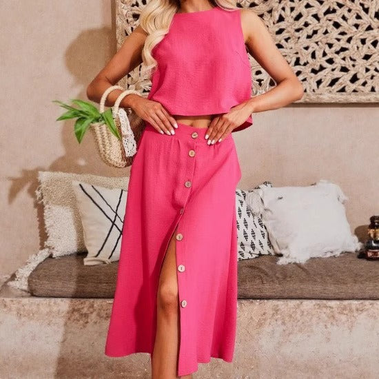 Women’s Two-Piece Set – Relaxed Fit Crop Top – Button-Front Midi Skirt – Cotton Blend