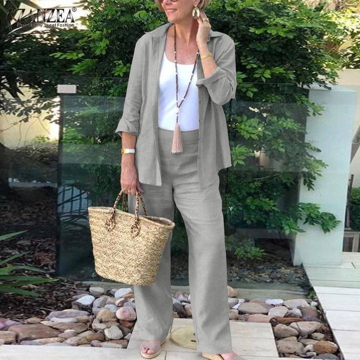 Women’s Two-Piece Set – Relaxed Fit – Linen Blend – Open-Front Shirt & Wide-Leg Pants