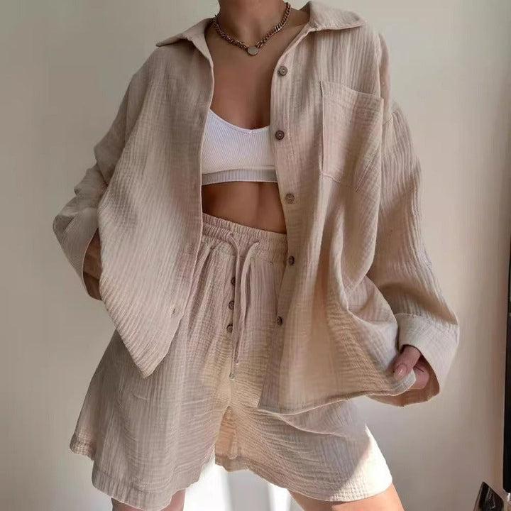 Women’s Two-Piece Set – Relaxed Fit Button Shirt – High Waist Drawstring Shorts – Cotton