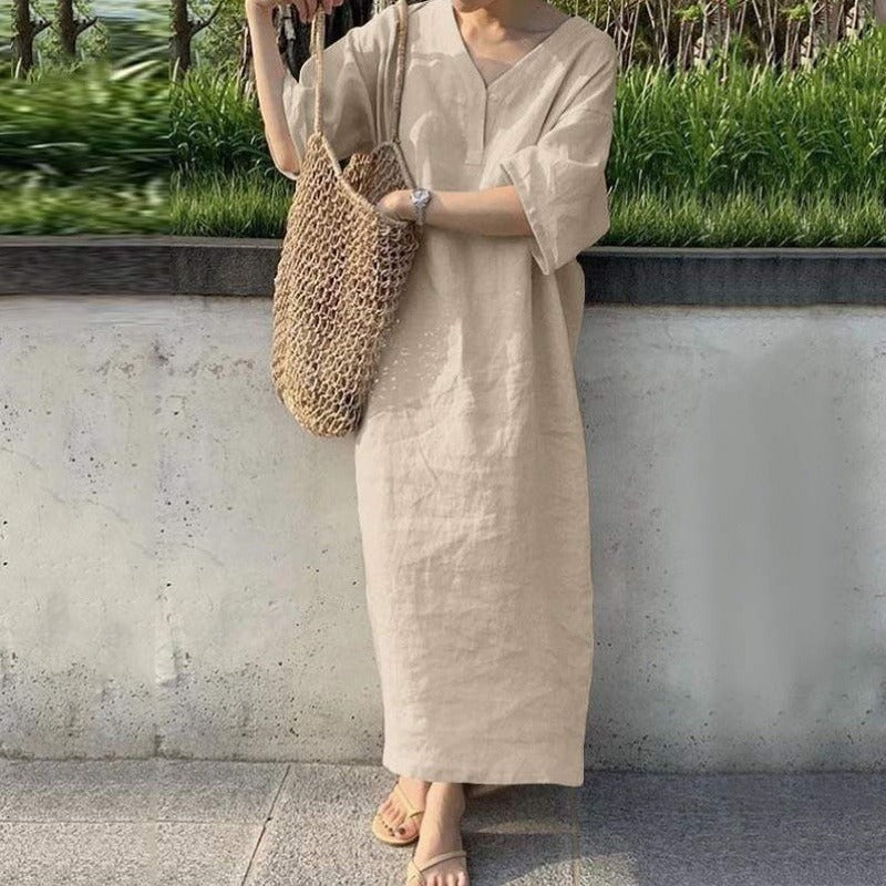 Women’s Maxi Dress – Cotton Linen – V-Neck – Short Sleeve – Relaxed Fit Casual Wear