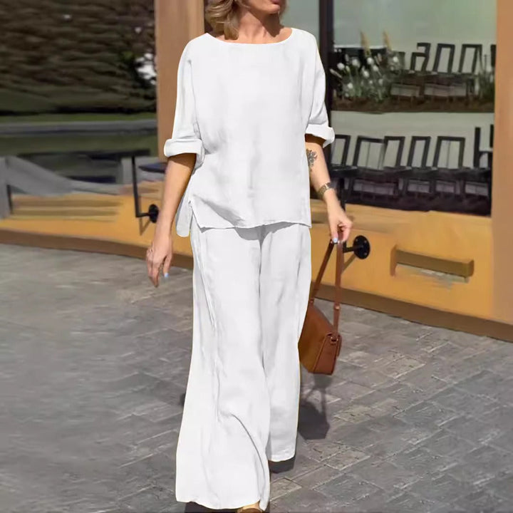Women’s Two-Piece Set – Relaxed Fit – Cotton Linen – Wide Leg Pants – Short Sleeve Top