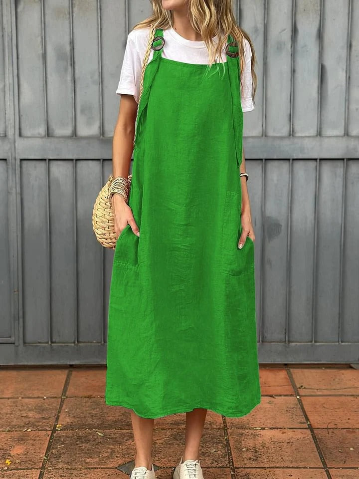 Women’s Midi Dress – Linen – Relaxed Fit – Adjustable Straps – Front Pockets