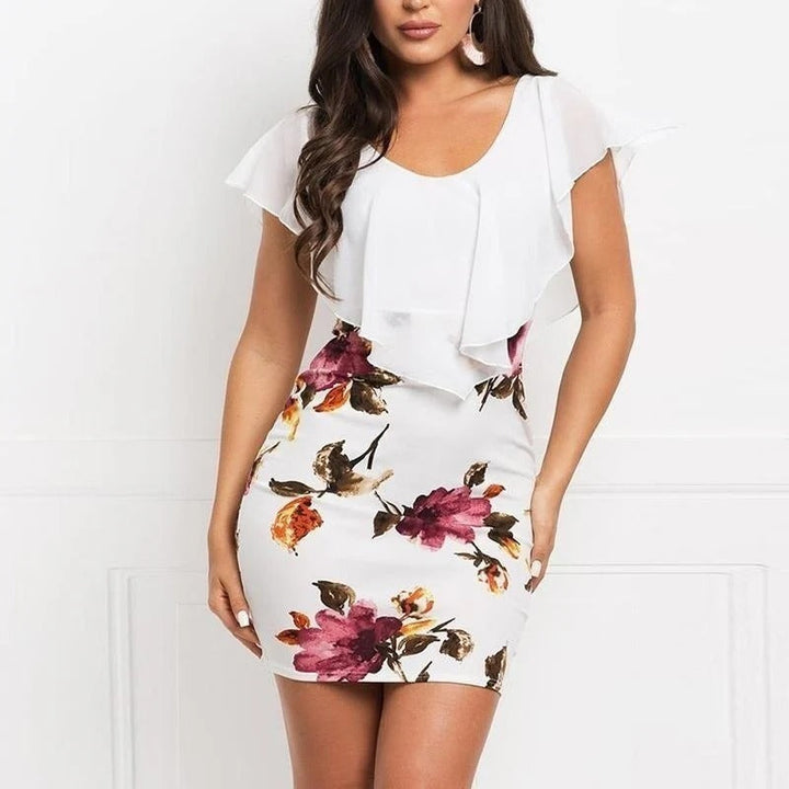 Women’s Sheath Dress – Slim Fit – Scoop Neck – Floral Pattern – Ruffle Detail – Mini Length